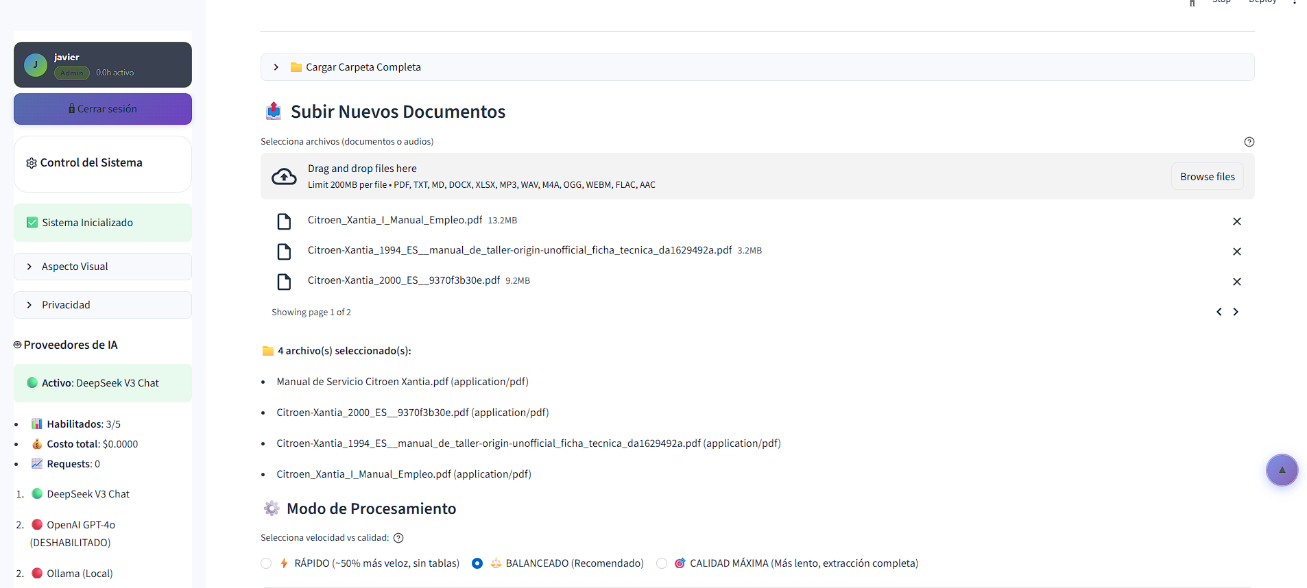 Pantalla de subida de archivos en el procesamiento documental